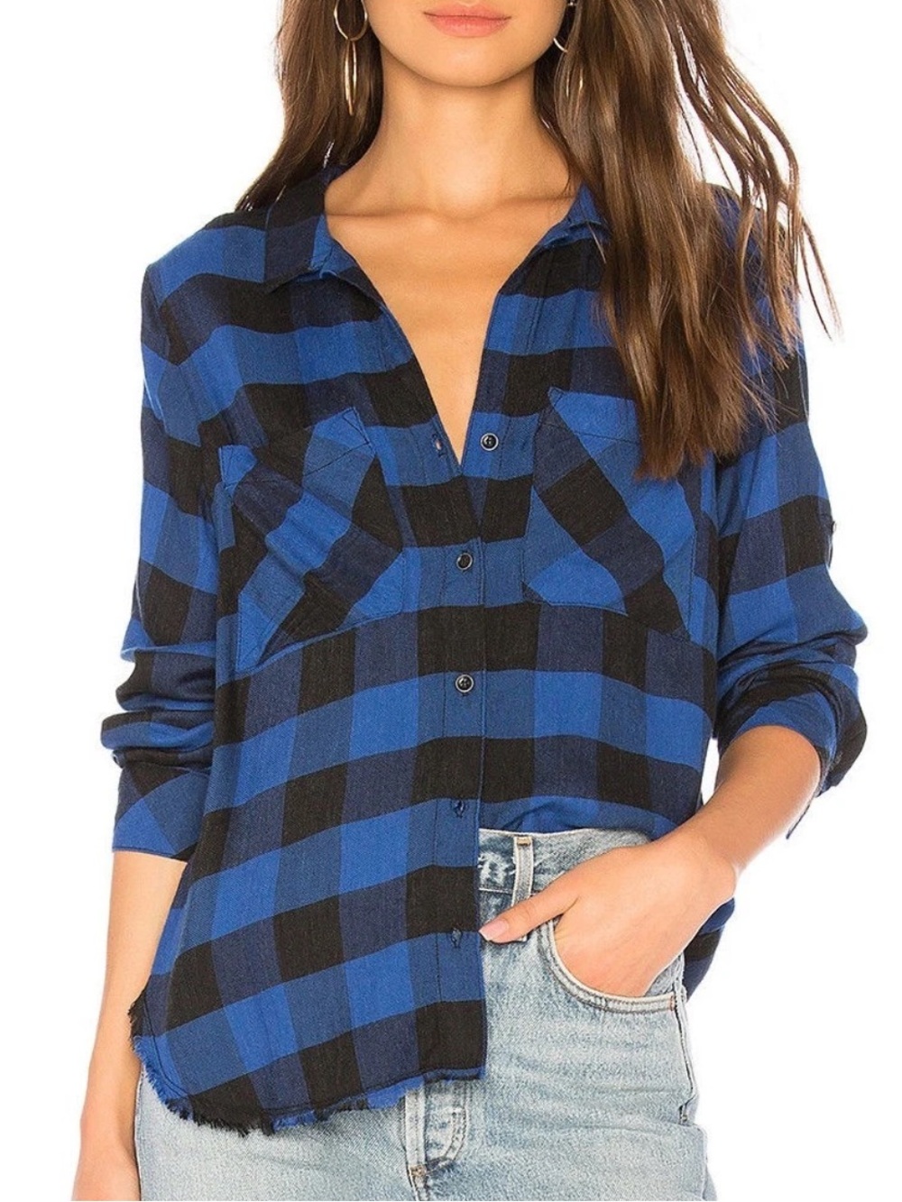 Cloth & Stone 2-Pocket Fray Hem Button Front Shirt Roll Tab Sleeves M Blue